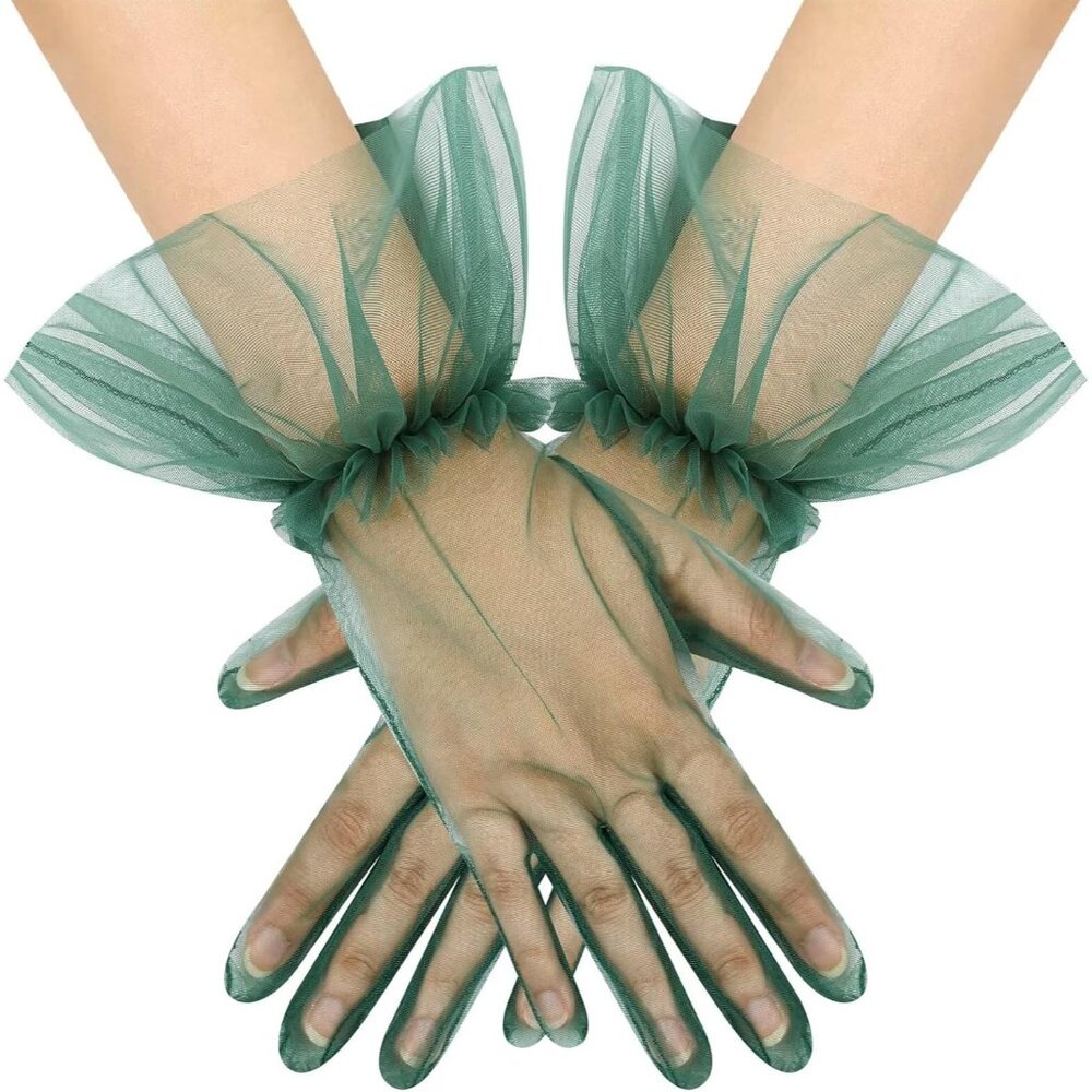 Women's Short Green Tulle Mesh Puffy Ruffle Gloves Wedding Party Prom Costume